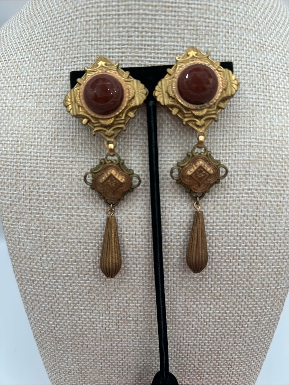 Vintage Victorian Etruscan Art Deco Style Gold Copper Tone Dangle Earrings